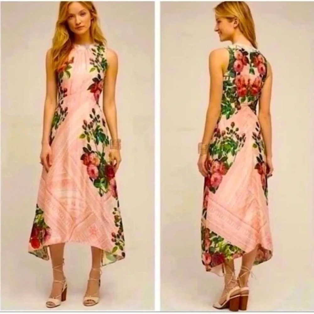 Anthropologie‎ Pankaj & Nidhi Floral Midi Dress 8 Pink Beaded Botanical Coquette